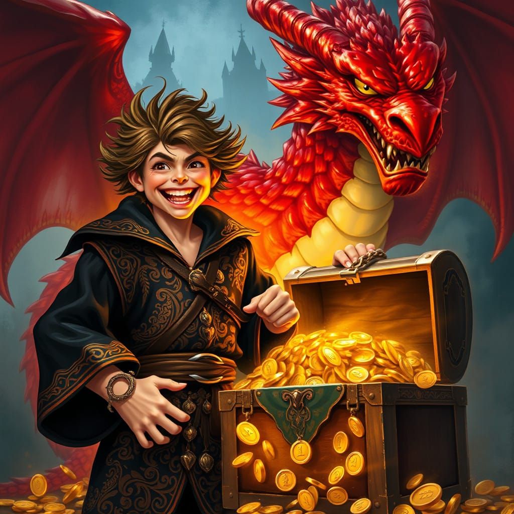 Triumphant Thief Surrounded by Treasure and a Mirthful Drago...