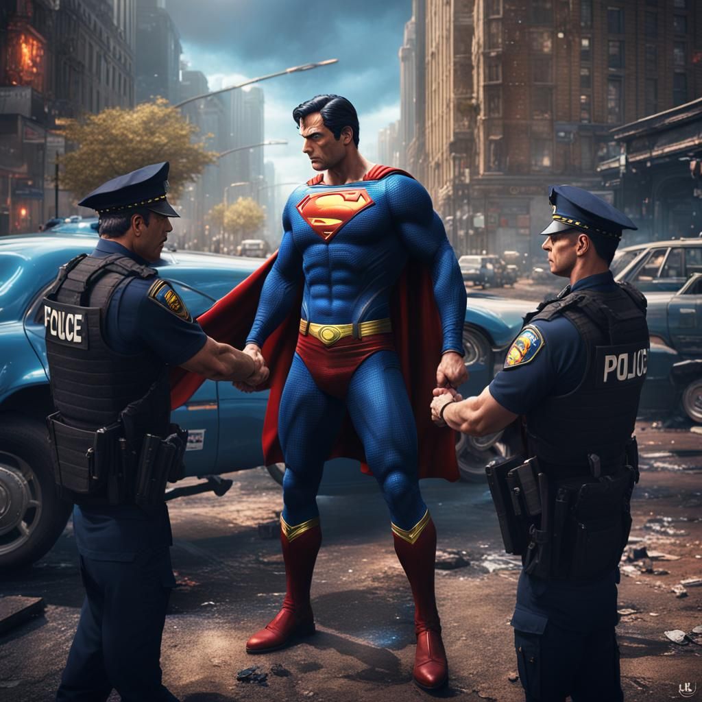 SUperman being  handcuffed by police