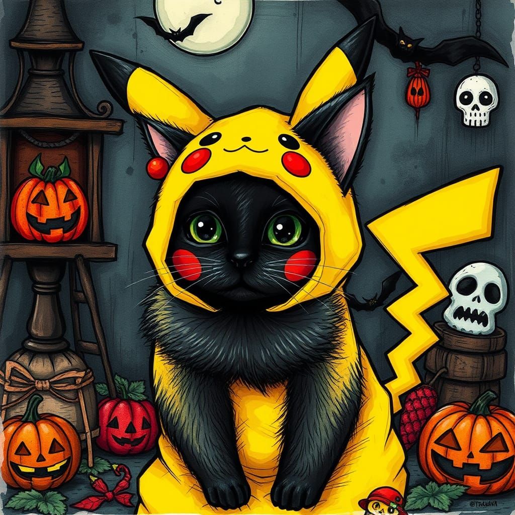 Black Cat in Pikachu Costume: Whimsical Halloween Art