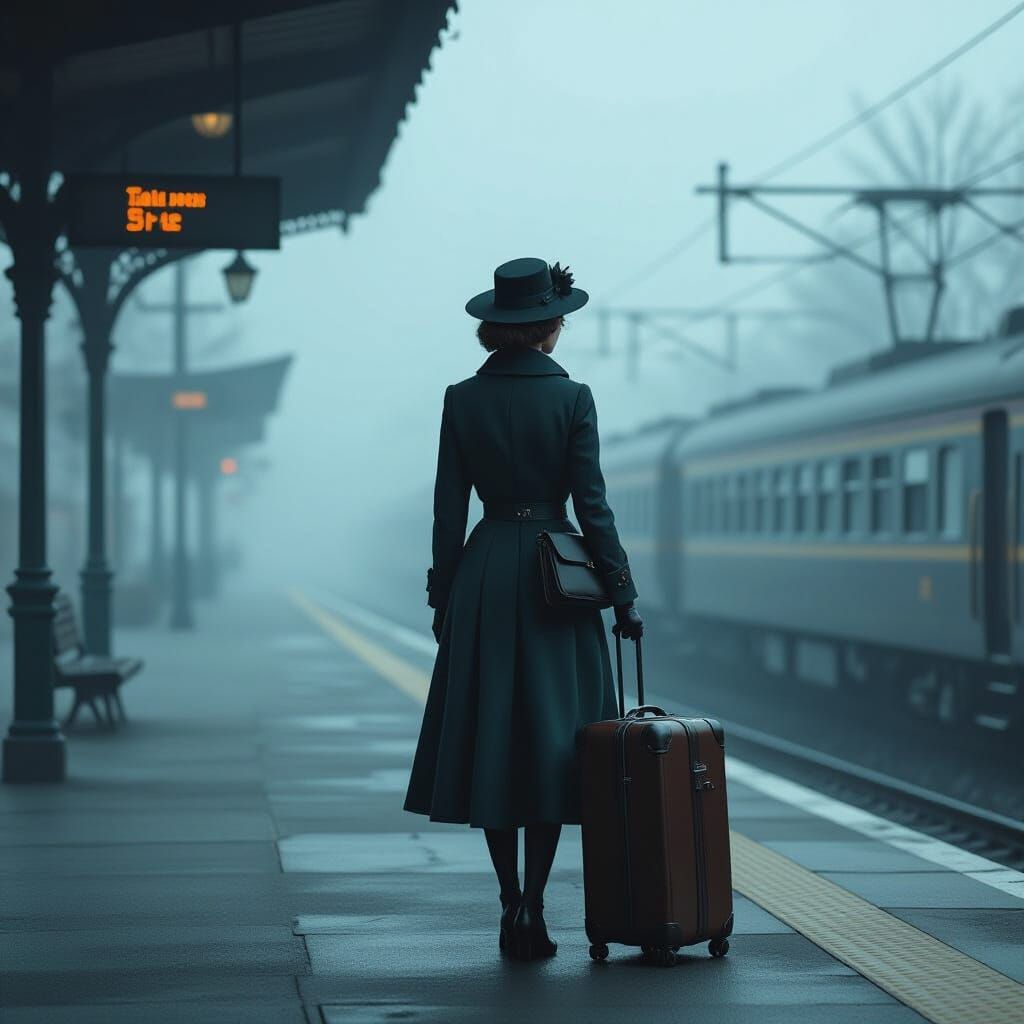 Nostalgic Woman on Train Platform in Eerie Style