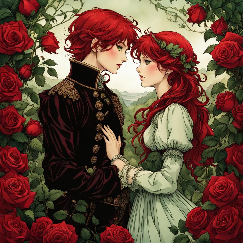 Fairytale Siblings in Rose Garden, Anime Style