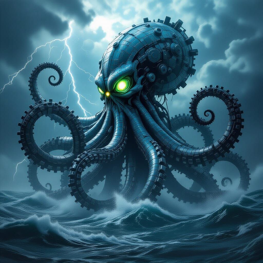 Biomechanical Kraken Rises from the Deep in Dark Futurism St...