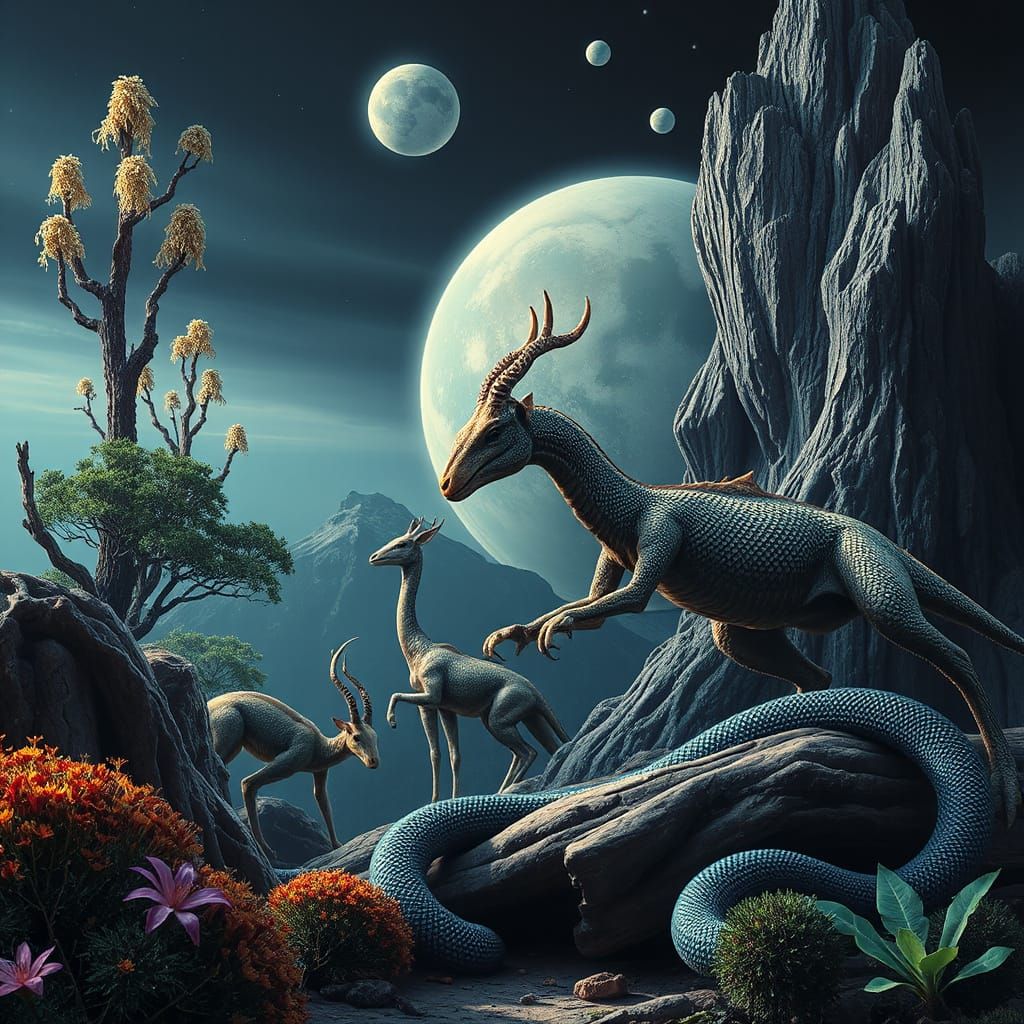 Alien Exoplanet Evolution: Hybrid Creatures in Surreal Style