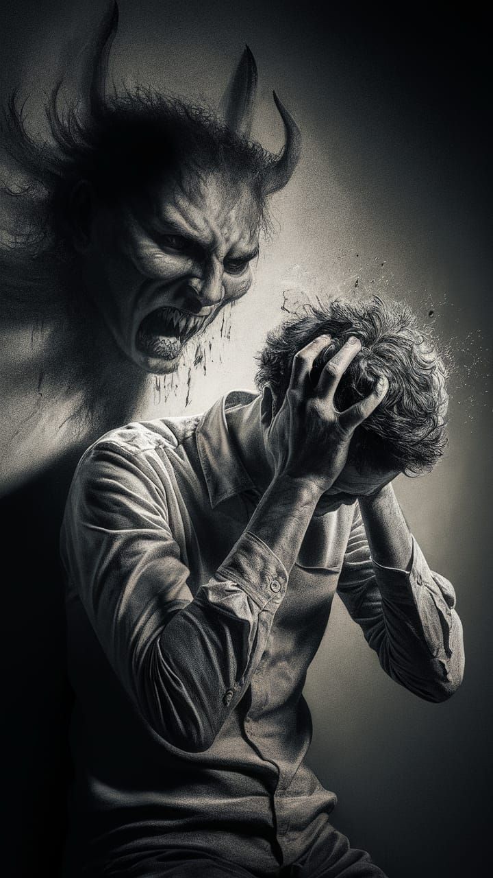 Man's Shadow Becomes Demon in Intense Pencil Sketch