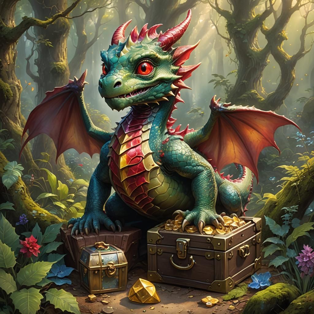 Cute Red Dragon with Treasure in Ethereal Forest