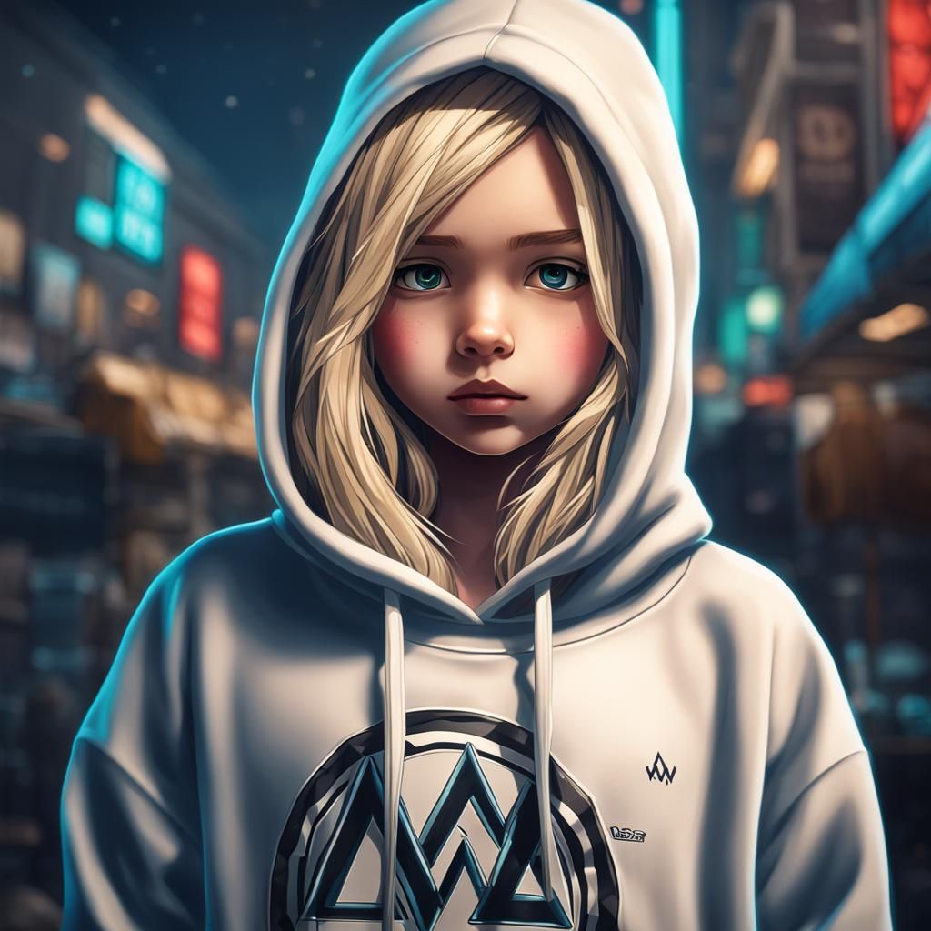Chibi Girl in Alan Walker Sweatshirt: Hyperrealistic Digital...
