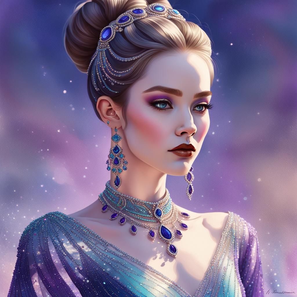 Elegant Woman in Beaded Gown: Digital Portrait