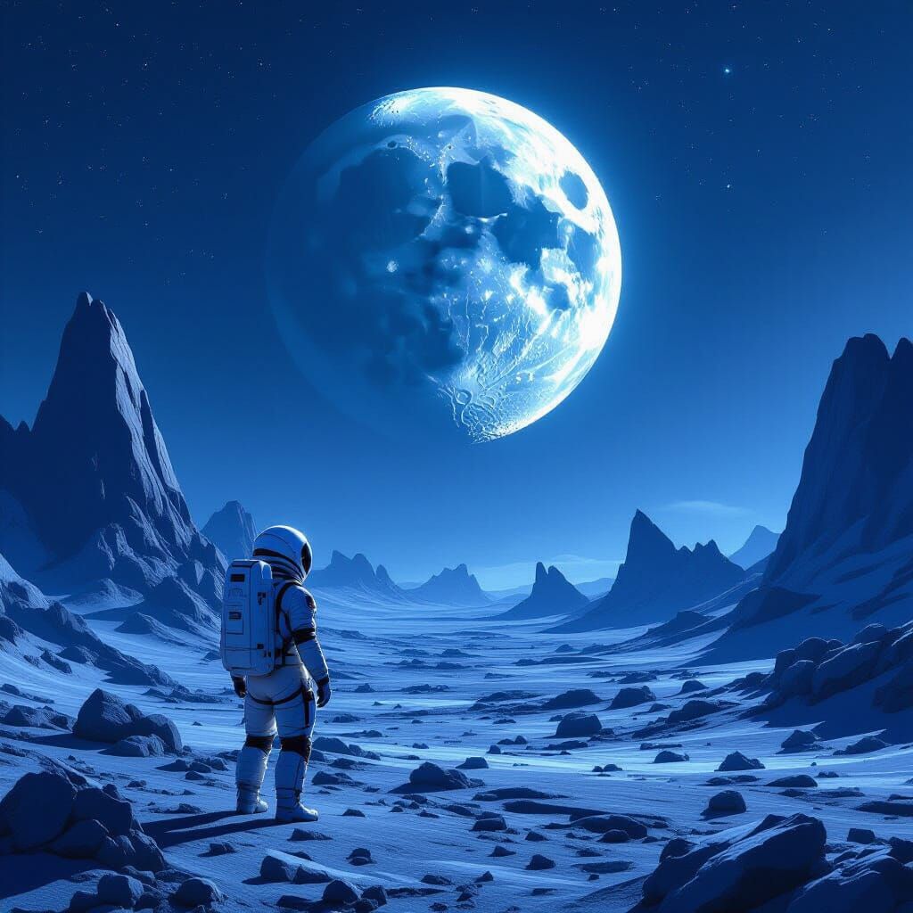 Astronaut Gazes at Shattered Moon on Alien World