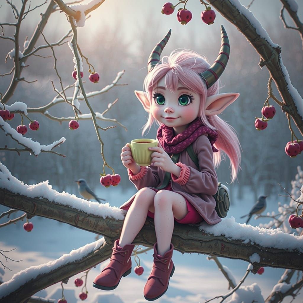 Frozen Pink Troll Drinks Coffee on Berry Tree