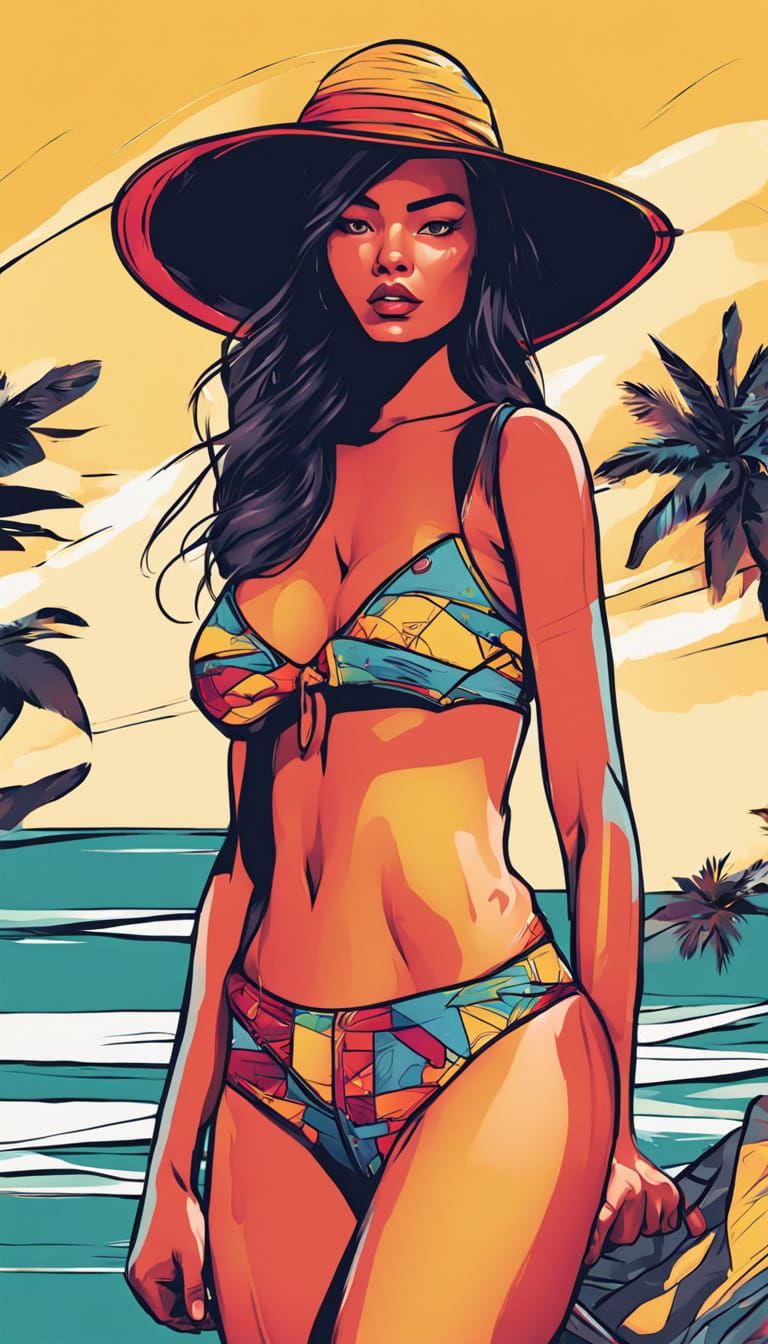 Comic Style Strong Asian Woman In Bikini Posing Confidently