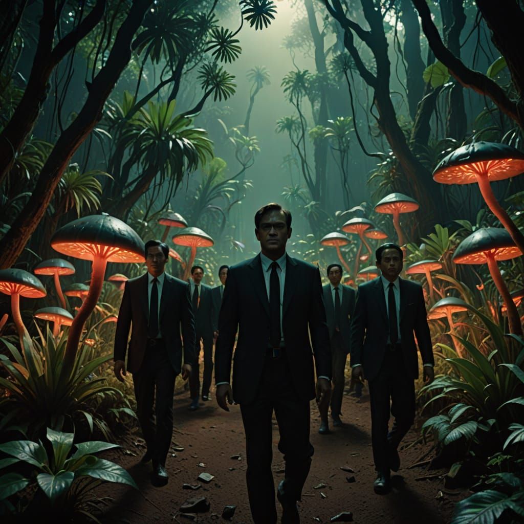 Men in Black in Bioluminescent Alien Jungle