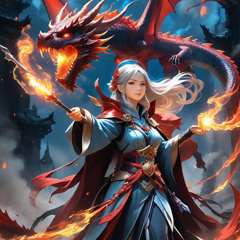 Ethereal Wizardess Enchants a Majestic Red Dragon in a Vivid...