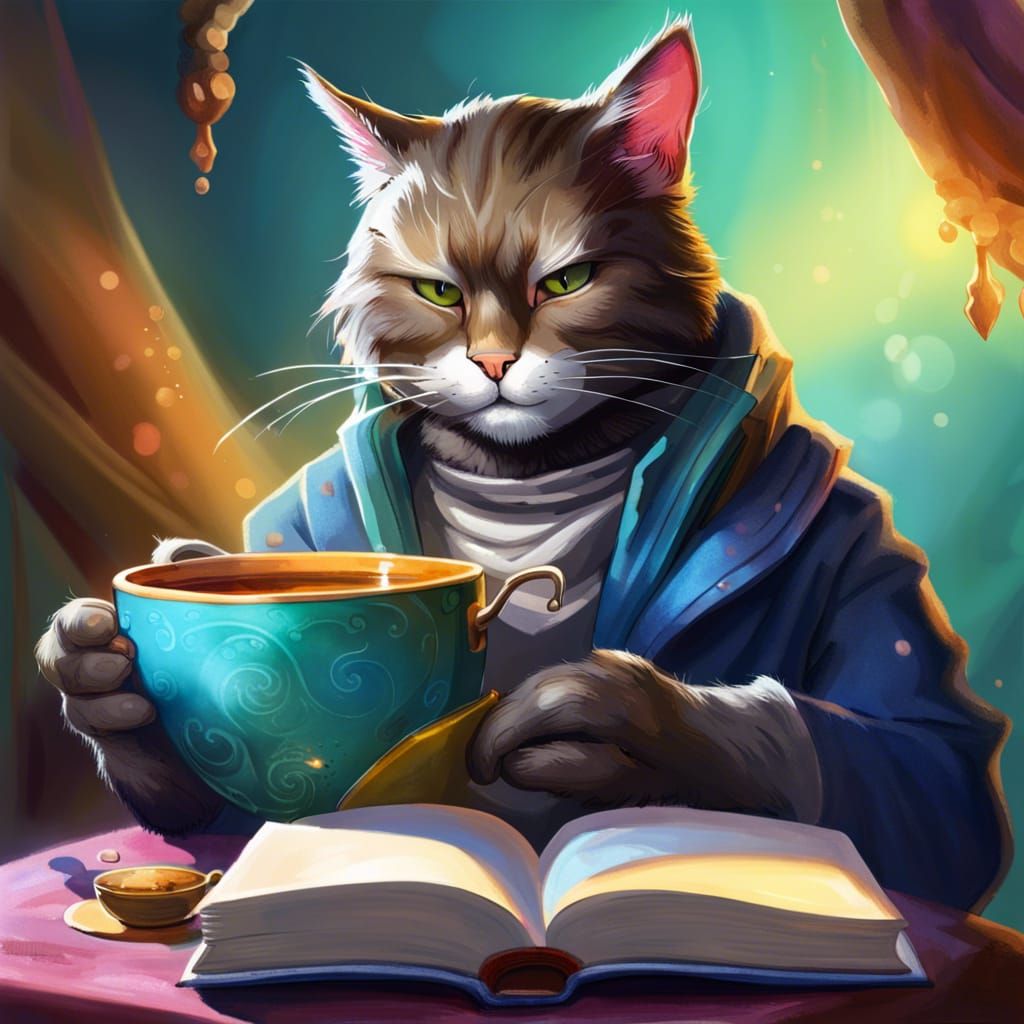 Anthropomorphic Cat Reading Book with Tea