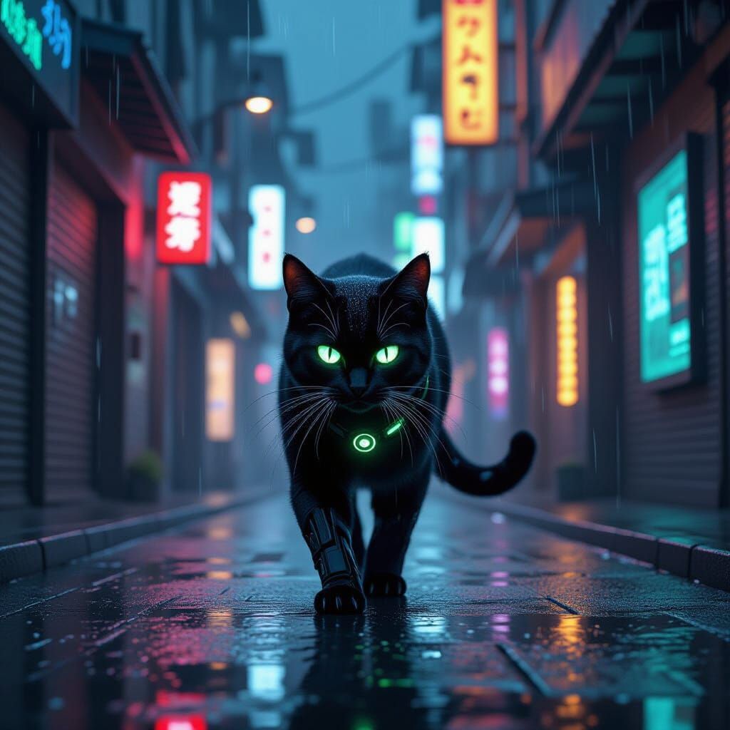 Cybernetic Cat Prowls Neon Tokyo in Cyberpunk Style