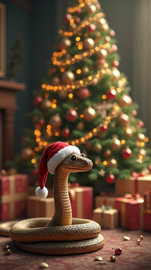 Realistic Christmas Scene with Snake in Santa Hat