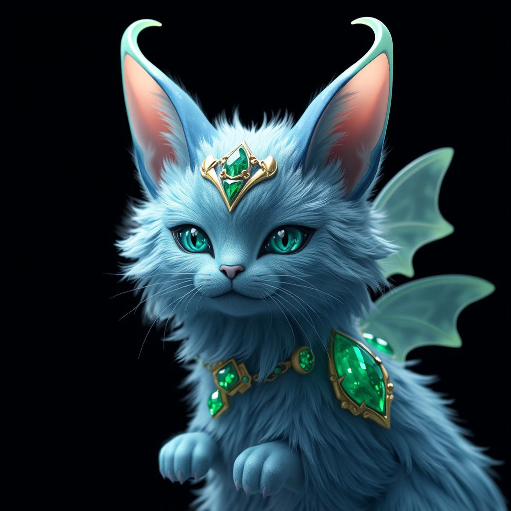 Blue Winged Cat with Horns and Green Jewelry