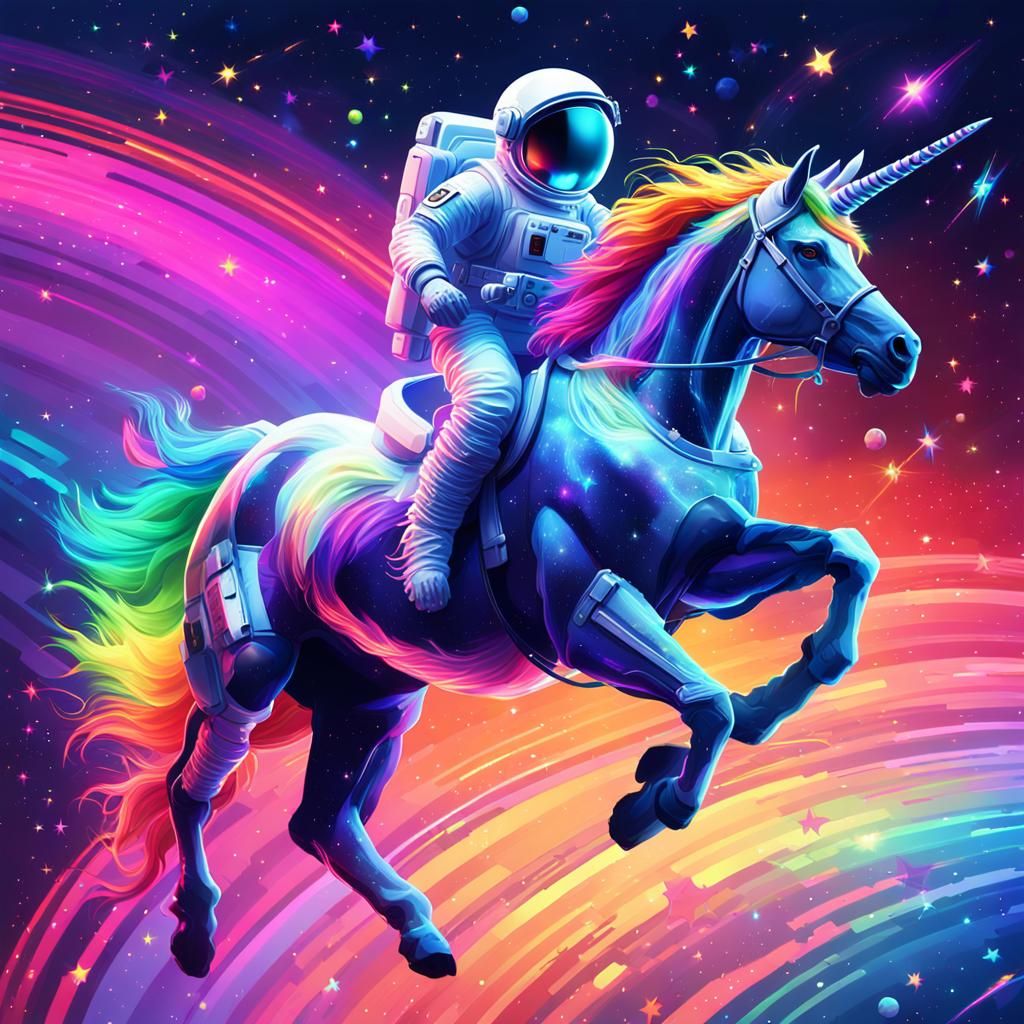 Astronaut Rides Unicorn in Space: Digital Art