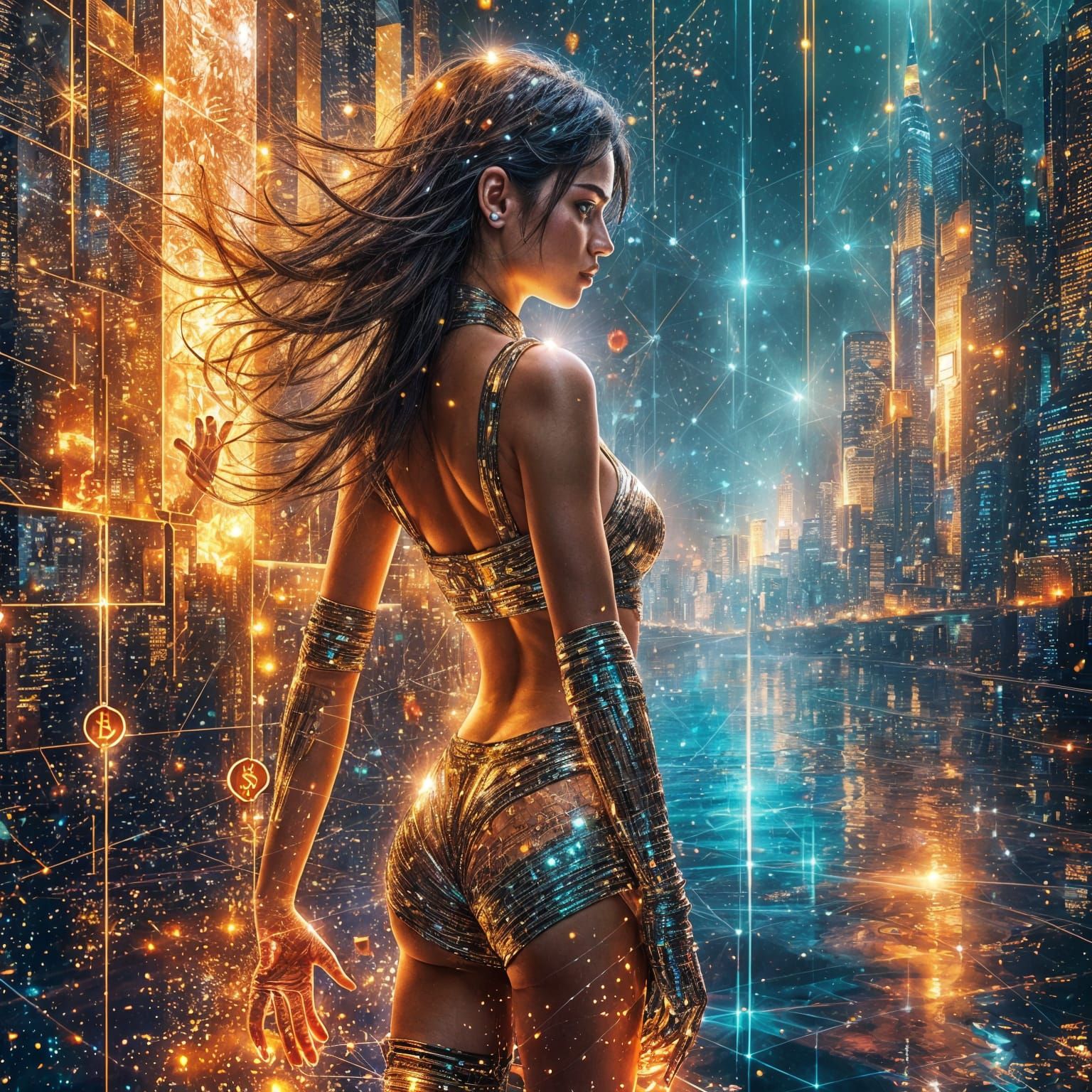 Stylized Pinup Figure in Cyberpunk Cityscape