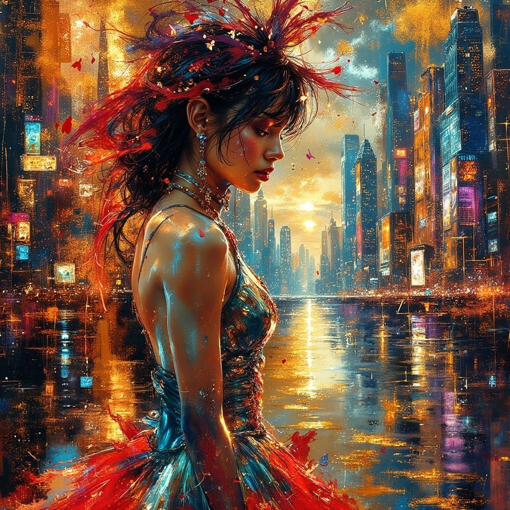 Pinup Figure in Cyberpunk Cityscape