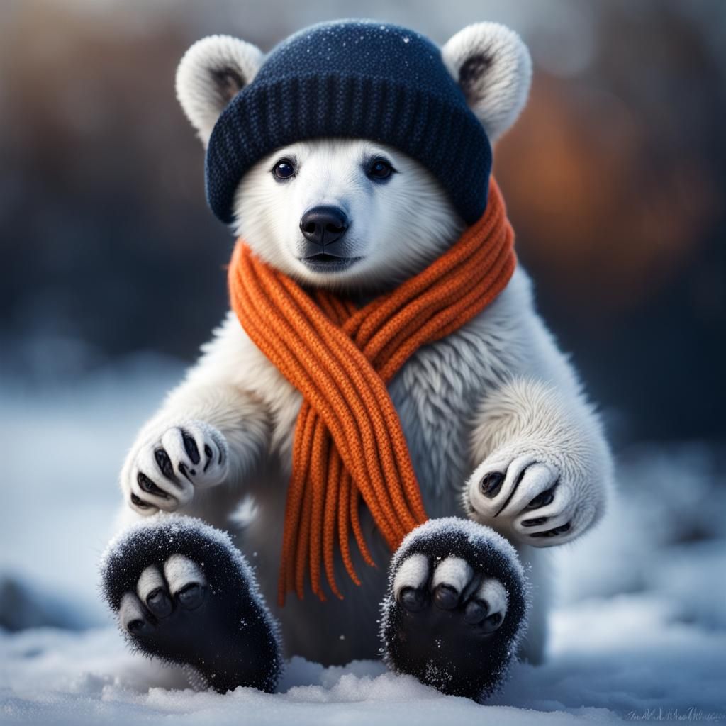 Adorable Polar Bear Cub in Winter Outfit