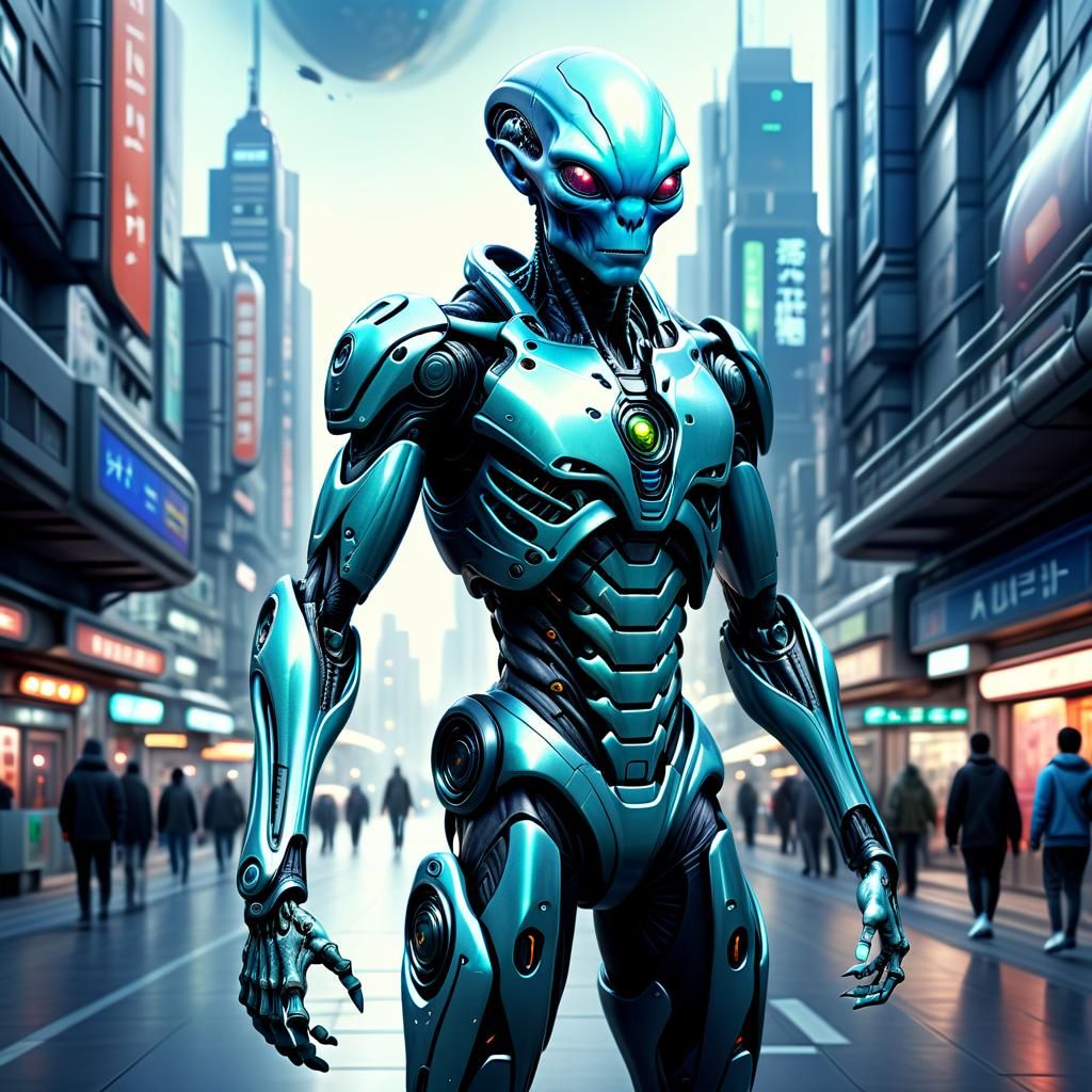 Hyperrealistic Alien Cyborg in Sci-Fi City