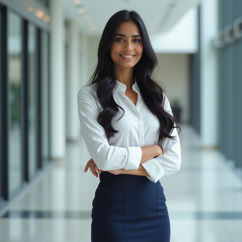 Indian Woman in Office Lobby: Hyperrealistic Photo