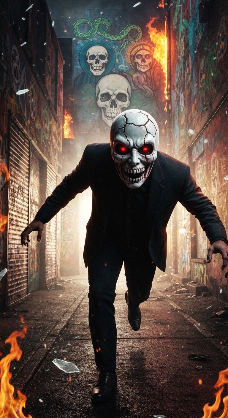 Terrifying Masked Figure in Neon Graffiti Alley