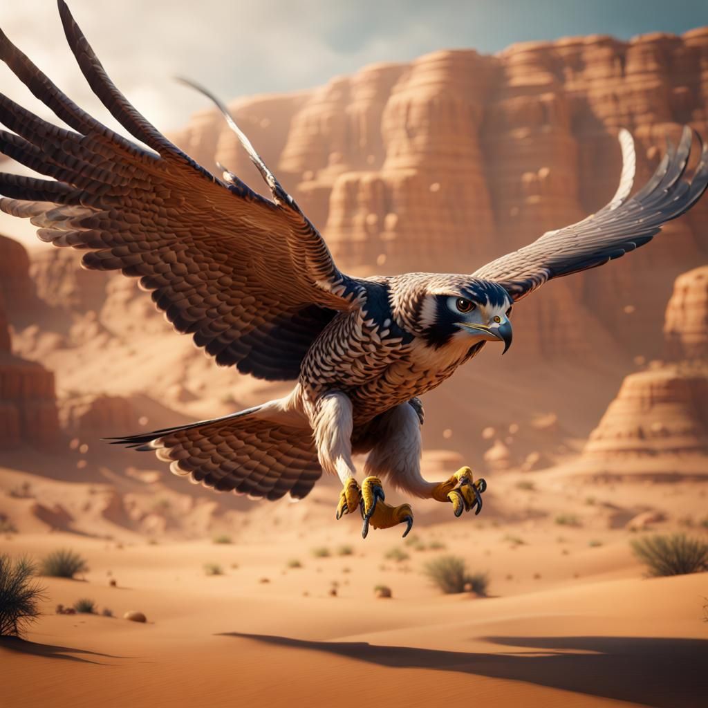 Falcon Soaring Over Desert Landscape as Matte Painting