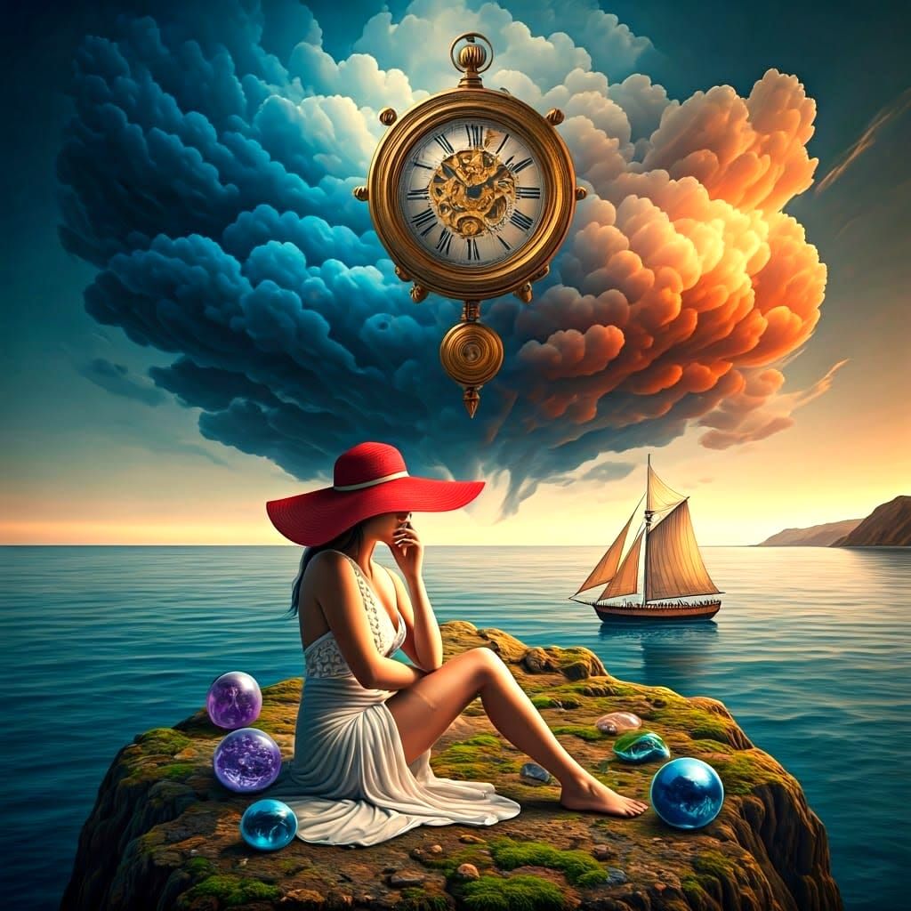 Dreamlike Dali Landscape with Woman and Floating Clock