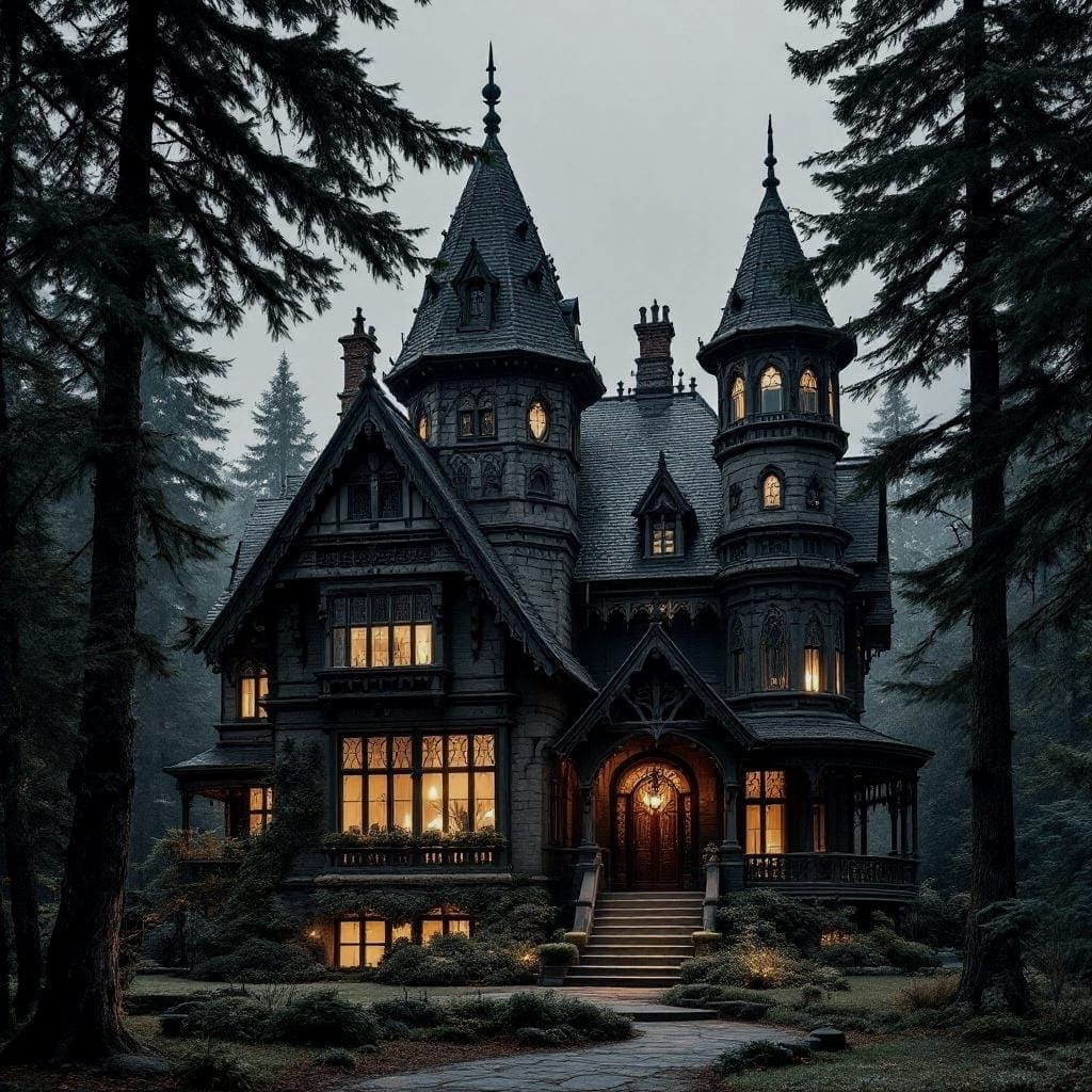 Victorian Gothic House Surrounded by Pines