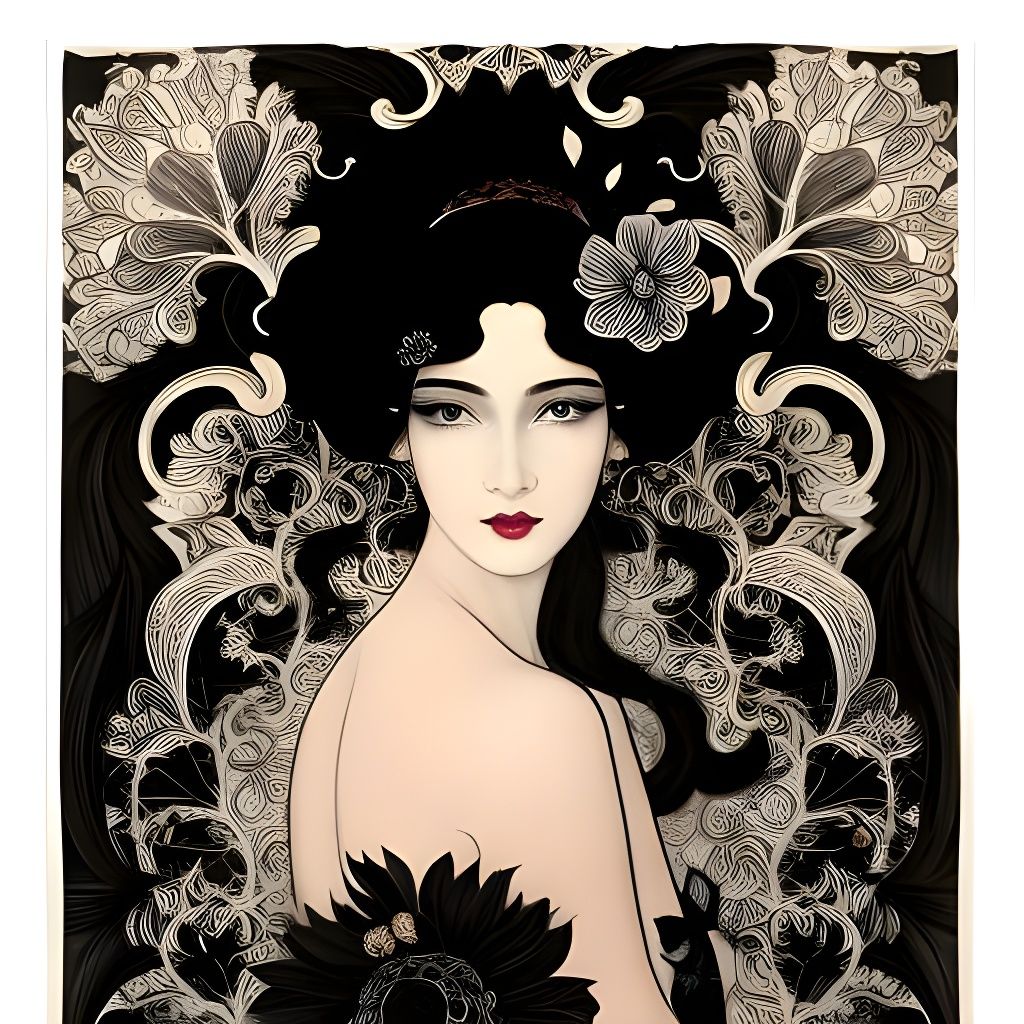 Girl with Black Flowers: Art Nouveau Digital Painting