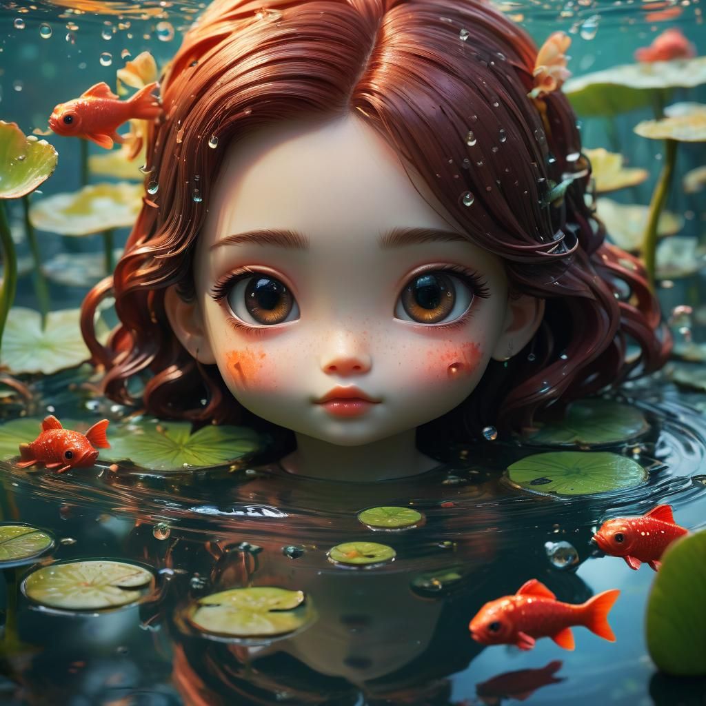 A cute chibi little mermaid peeping out of a pond intricate ...