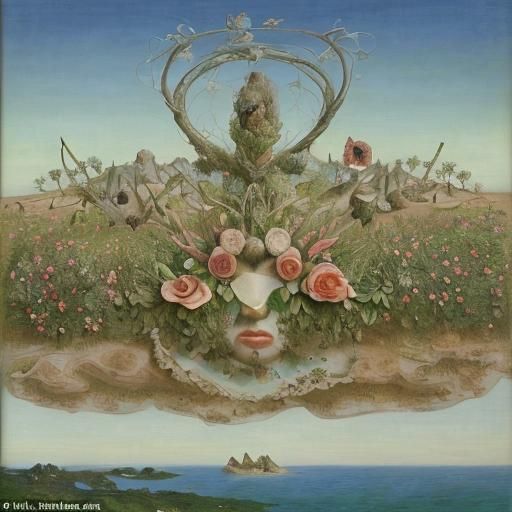 Surrealist Landscape with Faded Flowers in Oil Paint