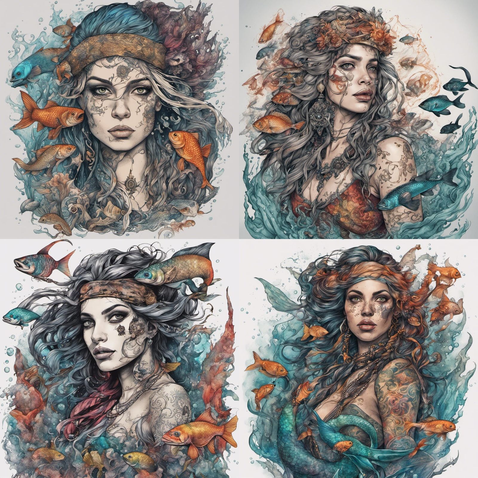 Tattooed Mermaid Pirate in Gothic Underwater Scene