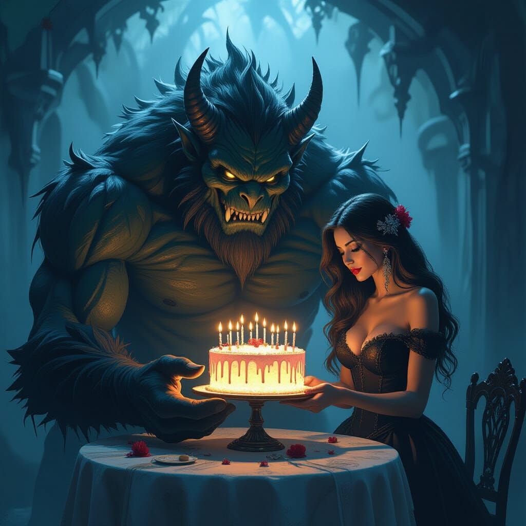 Woman Offers Glowing Cake to Monster in Dark Fantasy Art