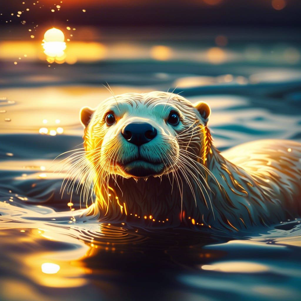 Golden Otter Swimming: Futuristic Concept Art