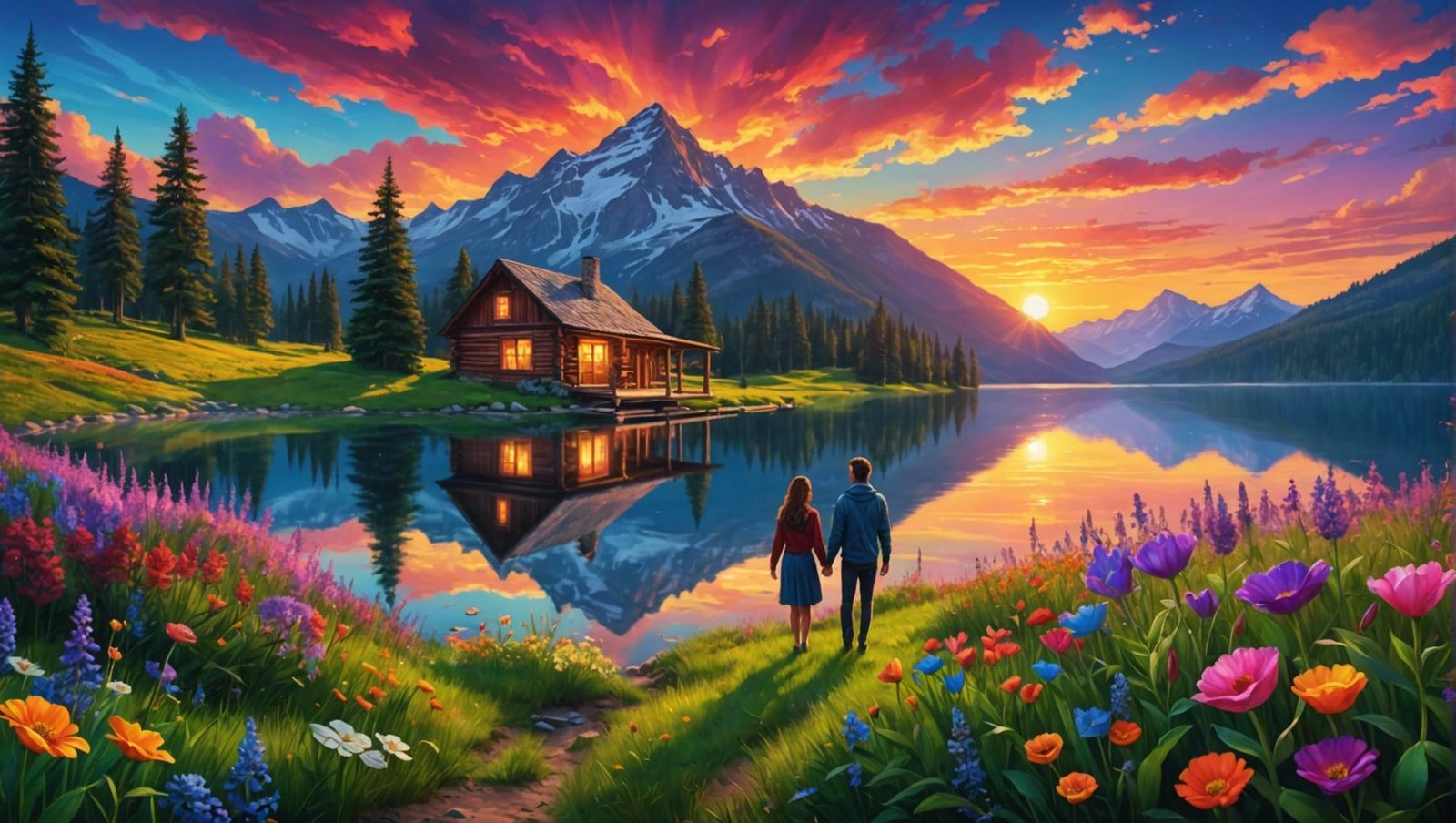 Lovers at Sunset: Vibrant Flowers in Mountain Meadow