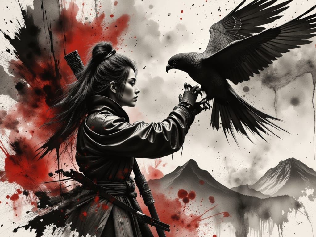 Samurai Training with Falcon in Dynamic Sumi-e Style