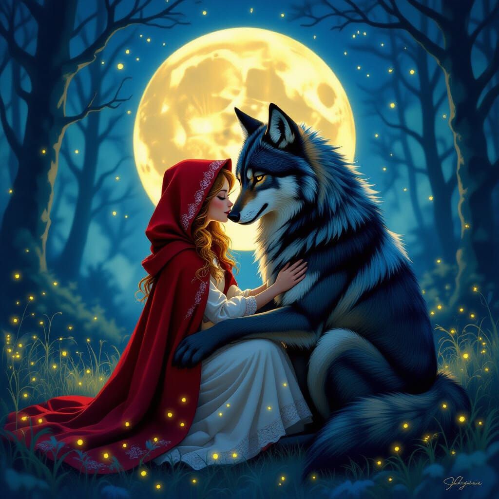 Little Red Riding Hood and Wolf Embrace Under Full Moon
