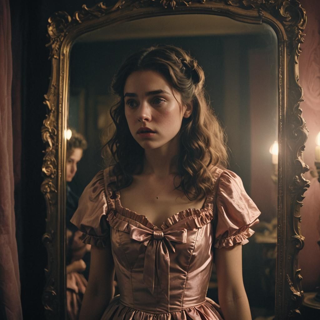 Elegant Princess with Shocked Expression in Dark, Muted Colo...