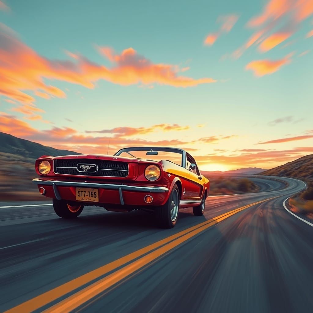 Vintage Mustang Speeding at Sunset