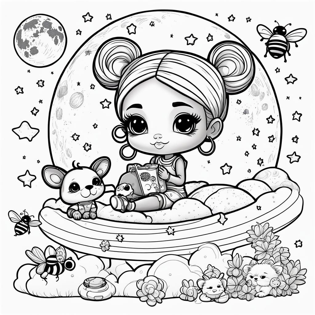 Chibi Girl on Moon: Black and White Coloring Page