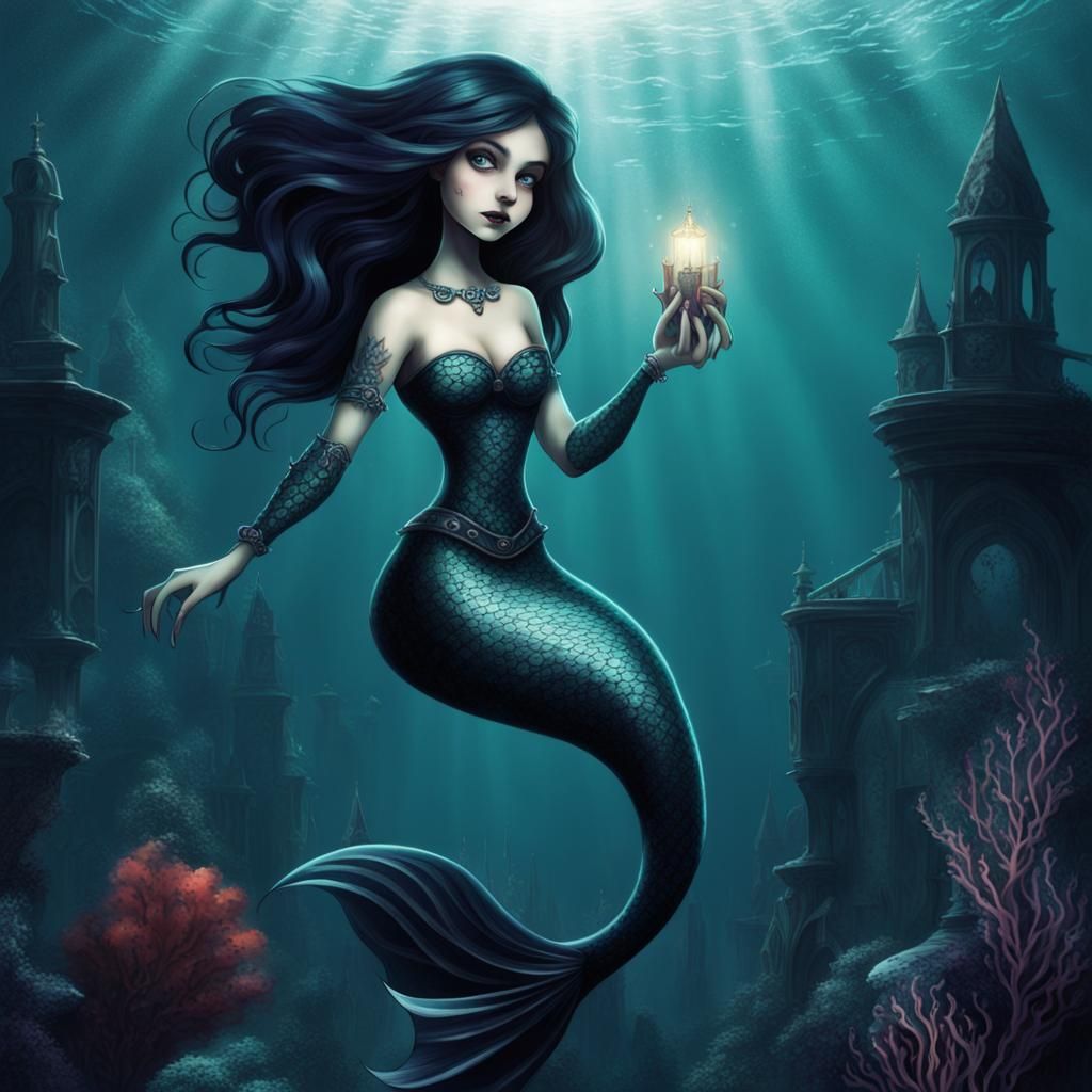 Gothic Little Mermaid in Dark Underwater World