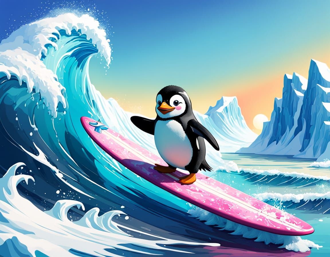 Cute Penguin Surfs Giant Wave in Whimsical Cartoon Style
