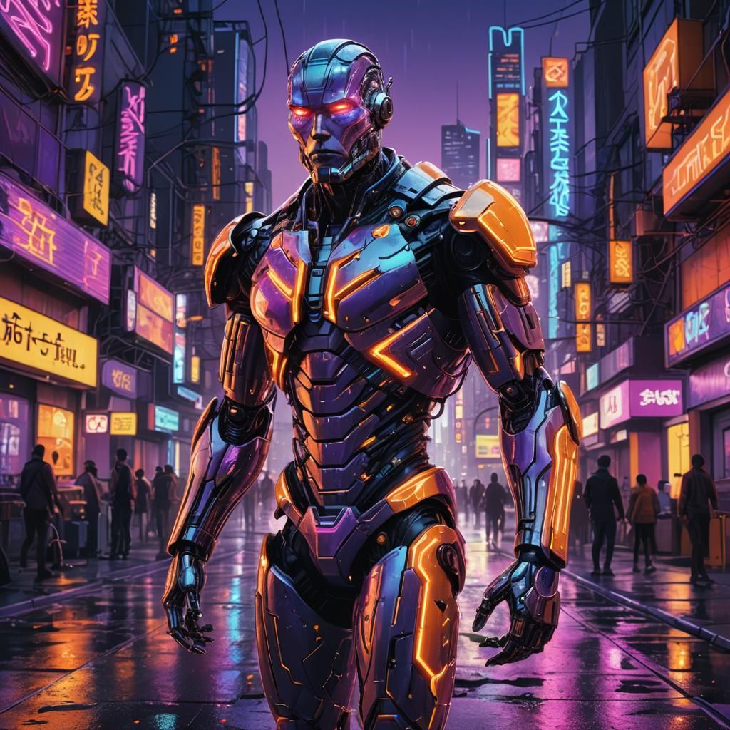 Cyborg Overlooking Neon Cityscape in Comic Book Style