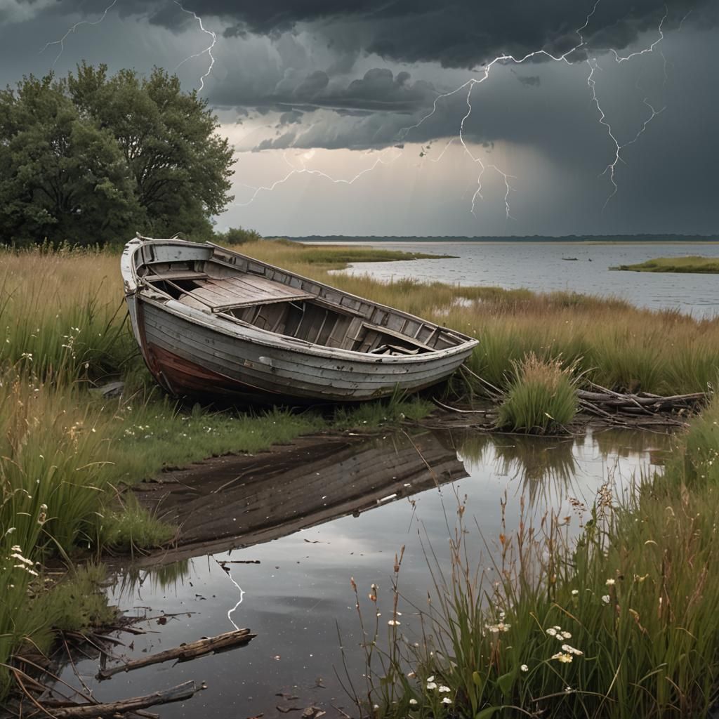 A decrepit wooden boat front part resting on shore, back on the water. the ore leaning against the rim of the boat. high...