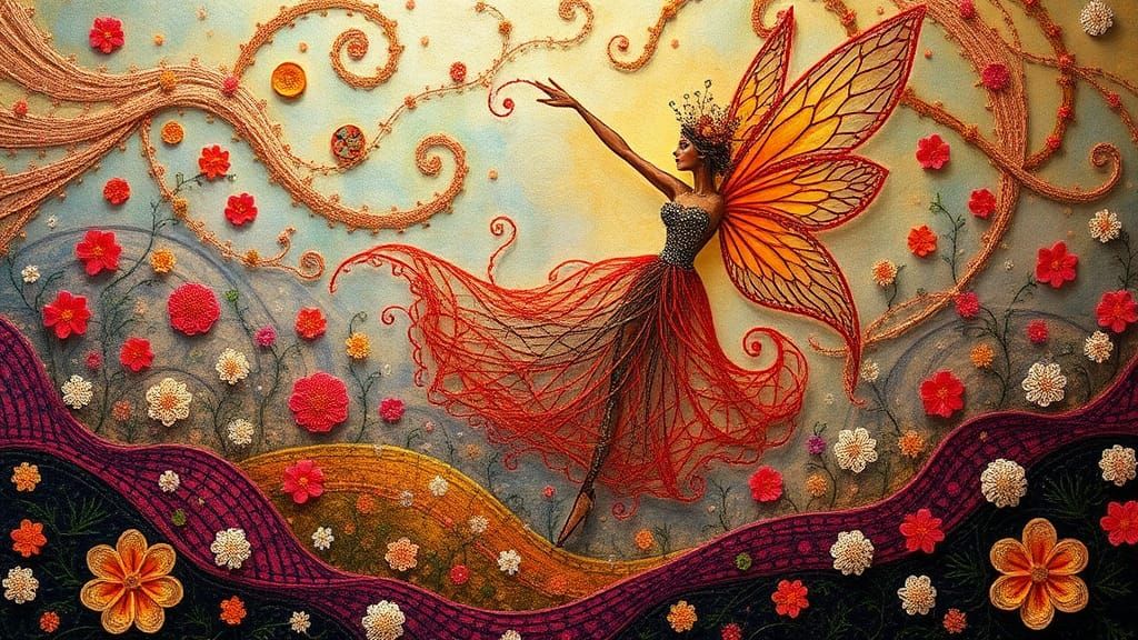 Elegant Fairy Dance in Surreal Mixed-Media Art