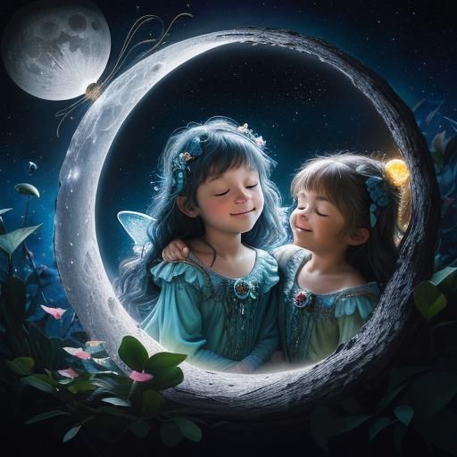Fairies Sleeping on Bioluminescent Moon in Galaxy