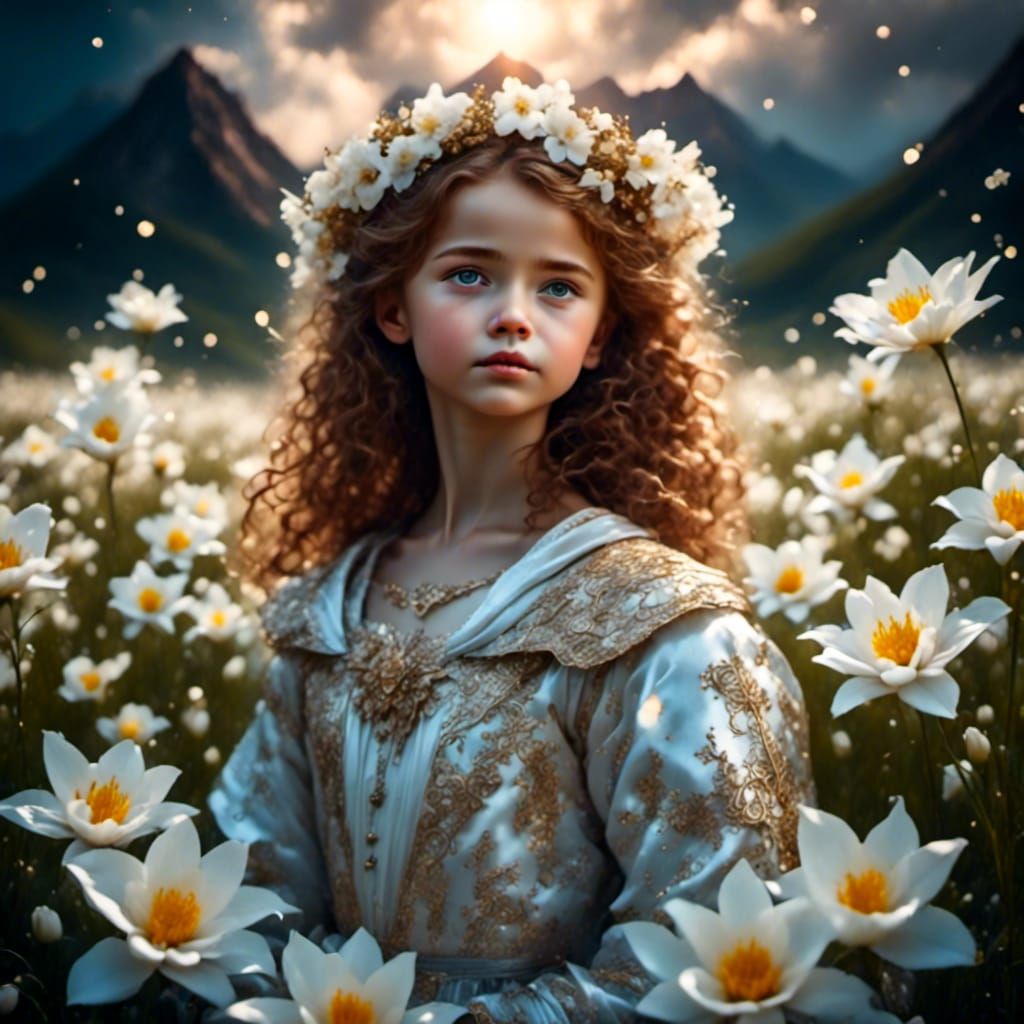 Young Angel in Lily Field with Heavenly Light