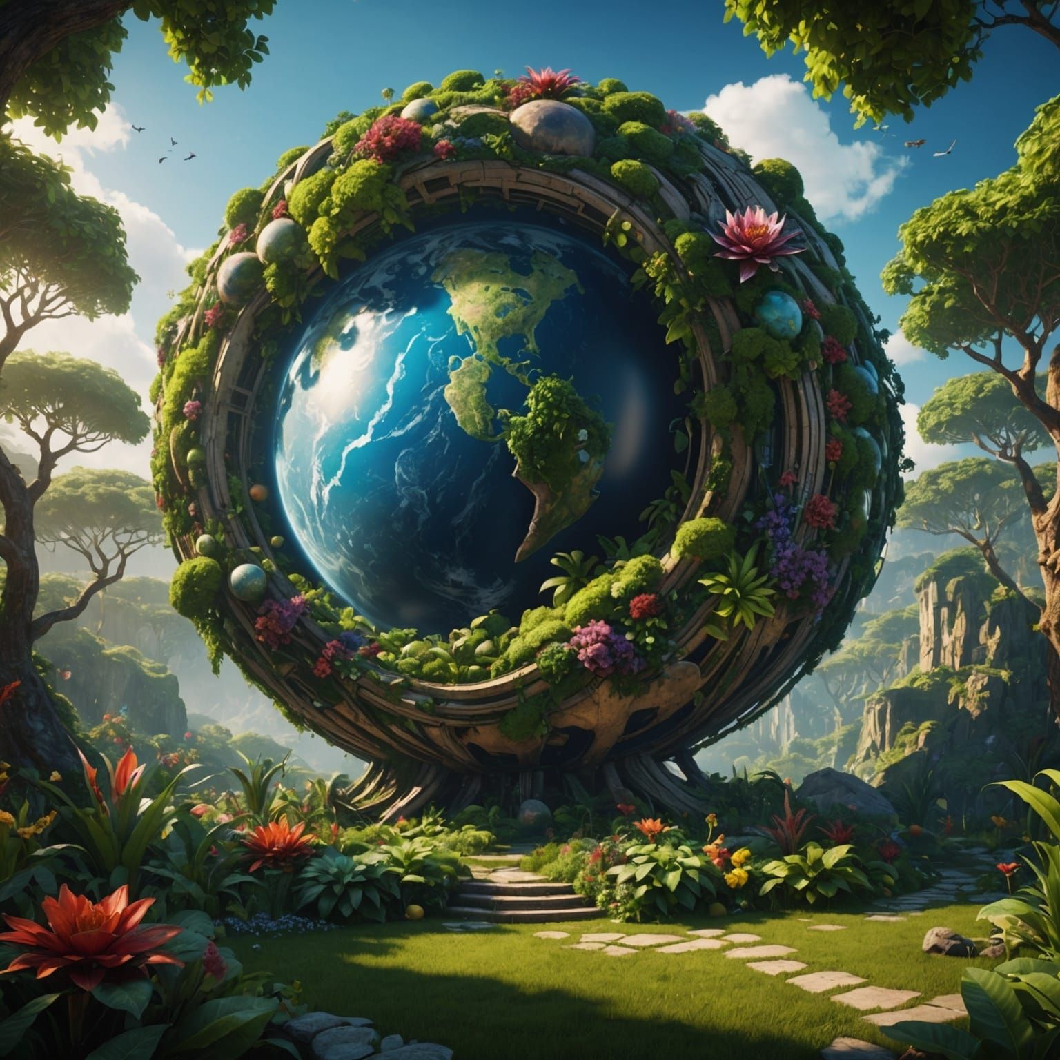 Hyperrealistic Garden of Eden Inside Round Planet